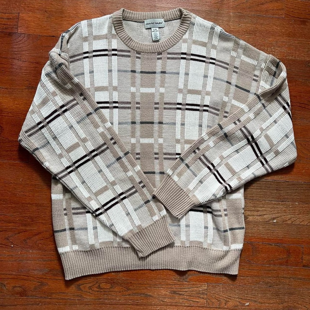 David Taylor Men's Tan and White Plaid Crewneck Sweater